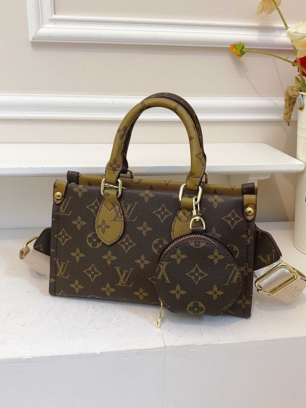 Monogram Satchel Handbag in Brown and Tan/ Crossbody Bag